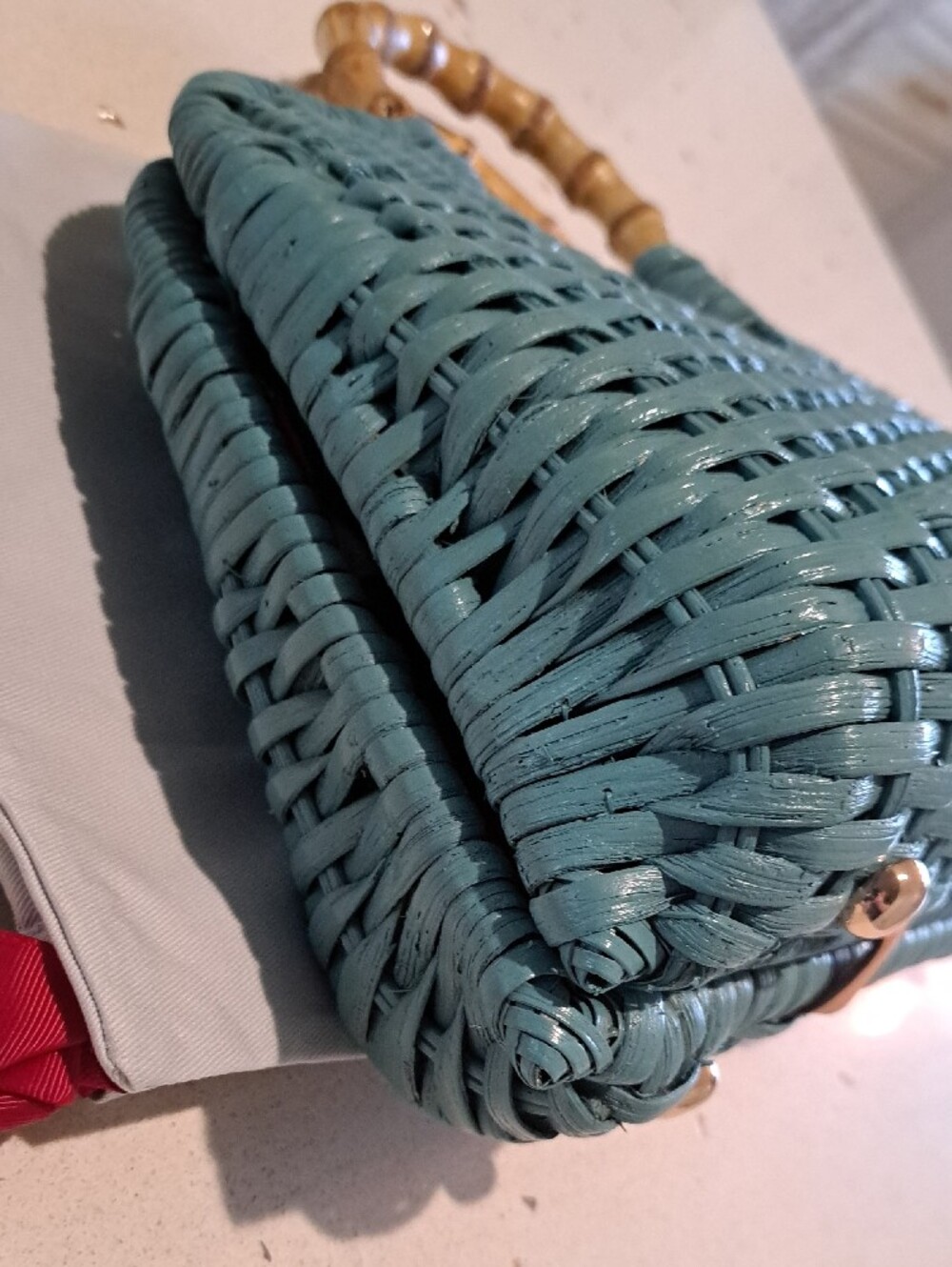 Frances Valentine Teal Buzzy Basket Woven Tote with Bamboo Top Handle - Picture 9 of 16